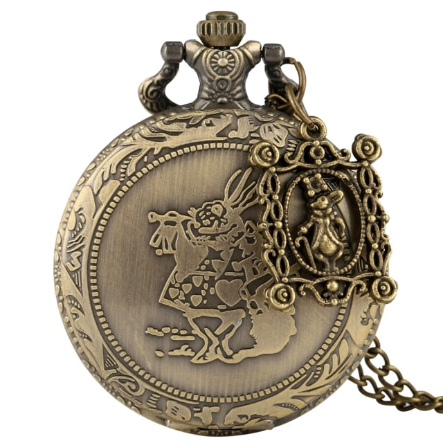 Retro Bronze Dream Alice in Wonderland Rabbit Poker Carousel Accessory Quartz Pocket Watch Chain Necklace Pendant for Girl Women