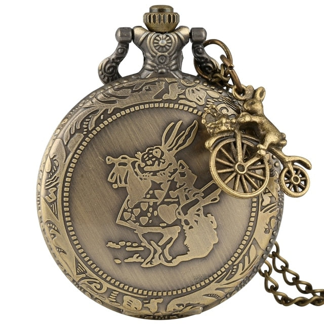 Retro Bronze Dream Alice in Wonderland Rabbit Poker Carousel Accessory Quartz Pocket Watch Chain Necklace Pendant for Girl Women