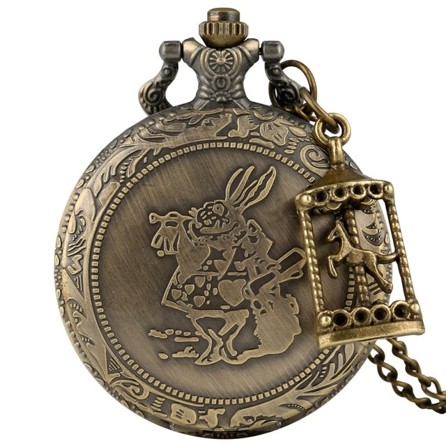 Retro Bronze Dream Alice in Wonderland Rabbit Poker Carousel Accessory Quartz Pocket Watch Chain Necklace Pendant for Girl Women