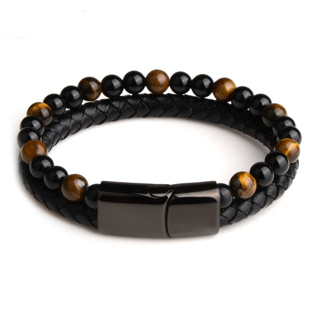 Natural Stone Bracelets Genuine Leather Braided Bracelet Black Stainless Steel Magnetic Clasp Tiger eye Bead Bangles Men Jewelry