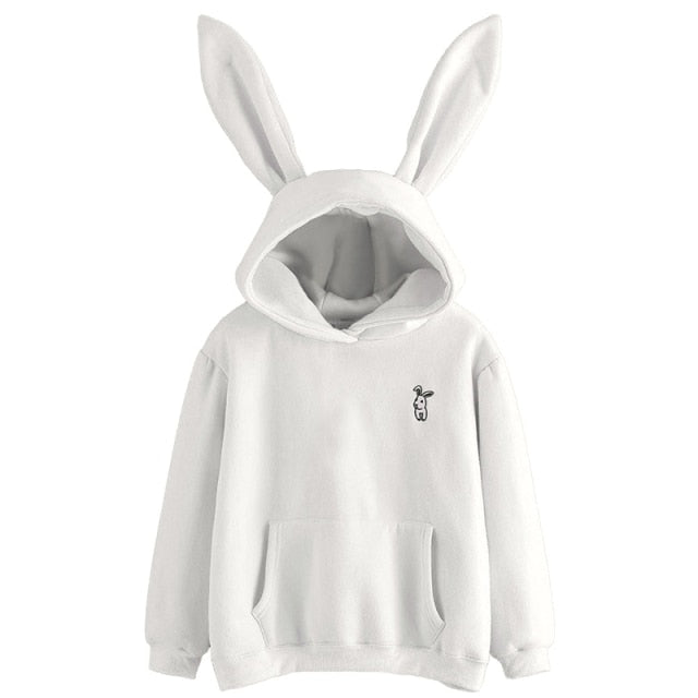 QRWR 2021 Autumn Winter Women Hoodies Kawaii Rabbit Ears Fashion Hoody Casual Solid Color Warm Sweatshirt Hoodies For Women