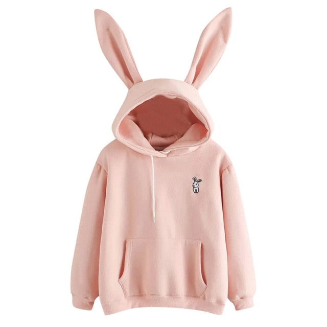 QRWR 2021 Autumn Winter Women Hoodies Kawaii Rabbit Ears Fashion Hoody Casual Solid Color Warm Sweatshirt Hoodies For Women