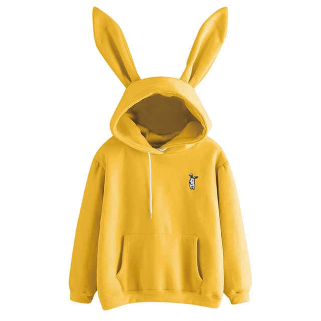 QRWR 2021 Autumn Winter Women Hoodies Kawaii Rabbit Ears Fashion Hoody Casual Solid Color Warm Sweatshirt Hoodies For Women