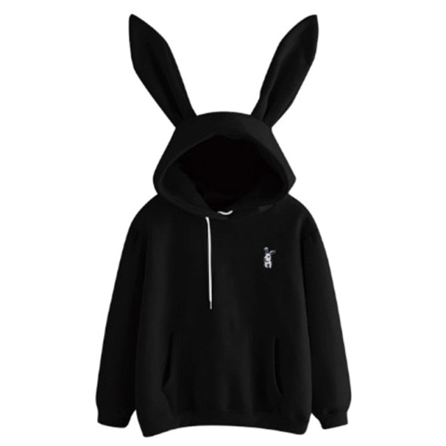 QRWR 2021 Autumn Winter Women Hoodies Kawaii Rabbit Ears Fashion Hoody Casual Solid Color Warm Sweatshirt Hoodies For Women