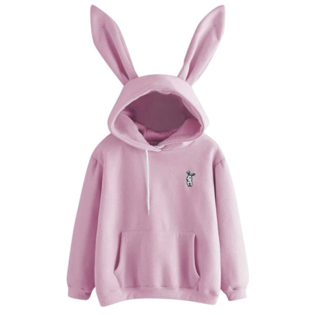 QRWR 2021 Autumn Winter Women Hoodies Kawaii Rabbit Ears Fashion Hoody Casual Solid Color Warm Sweatshirt Hoodies For Women