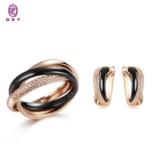 QSY Free Shipping  Unusual  Black White Copper Jewelry Set Ceramic Earrings For Women Fashion Ring And Birthday Gift 2021 Trend