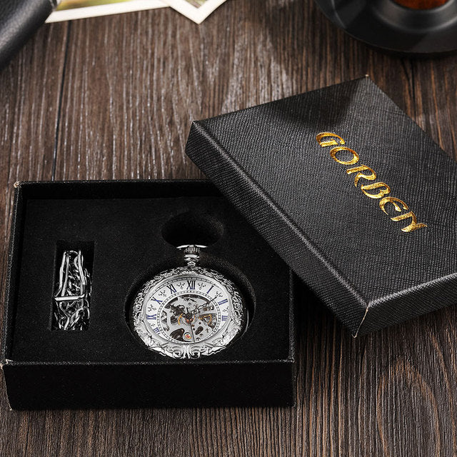 Antique Full Silver Stainless Steel Pocket Watch Mechanical Men Steampunk Vintage Hand-wind Engraved Fob Pendant Clock Women