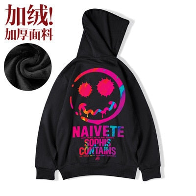 Hiver And Winter Fashion Oversize Long-sleeved Warm Plus Velvet Sweater Loose Anime Print Fat Plus Size Men's Hoodie Couple Top