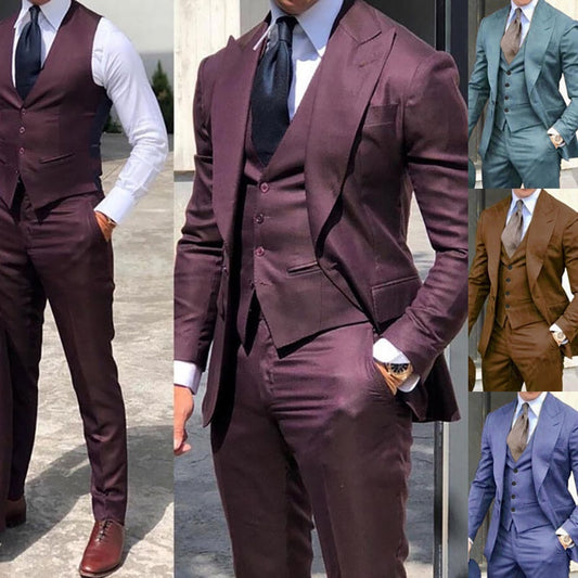 Newest Brown Classic Men Suit 3 Pieces Tuxedo Peak Lapel Groom Wedding Suits Set Burgundy Men Business Blazer Jacket Pants Vest