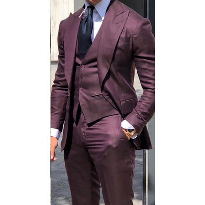 Newest Brown Classic Men Suit 3 Pieces Tuxedo Peak Lapel Groom Wedding Suits Set Burgundy Men Business Blazer Jacket Pants Vest