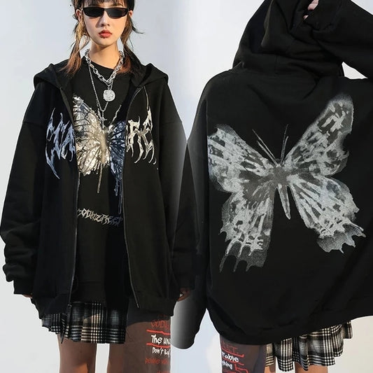 Hip Hop Oversize Women Hoodies Autumn Streetwear Butterfly Print Black Sweatshirt Harajuku Zip Up Goth Punk Female Jacket Hoodie