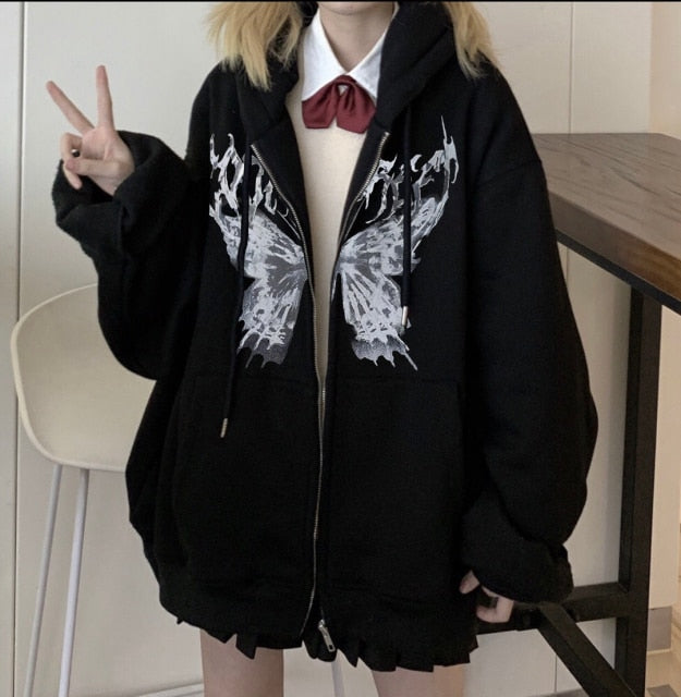 Hip Hop Oversize Women Hoodies Autumn Streetwear Butterfly Print Black Sweatshirt Harajuku Zip Up Goth Punk Female Jacket Hoodie