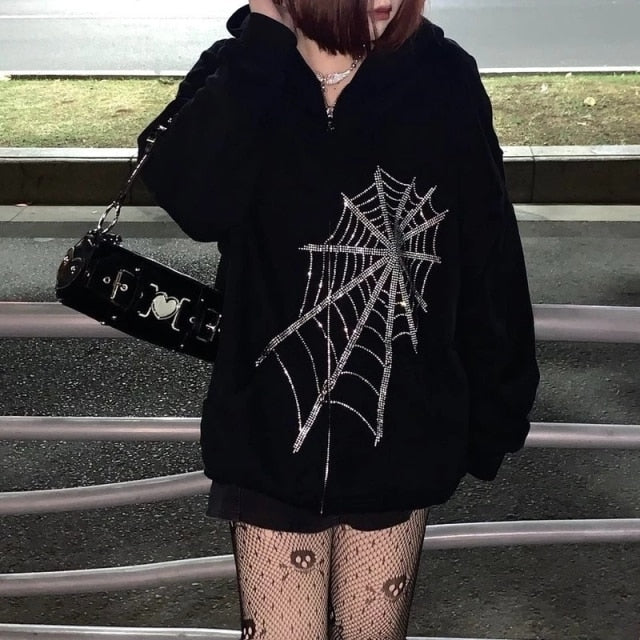 Hip Hop Oversize Women Hoodies Autumn Streetwear Butterfly Print Black Sweatshirt Harajuku Zip Up Goth Punk Female Jacket Hoodie